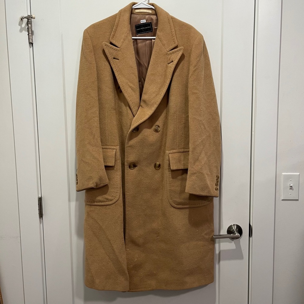 Saks Fifth Avenue Mens Vintage Camel Wool Double Breasted Overcoat 43R USA Made